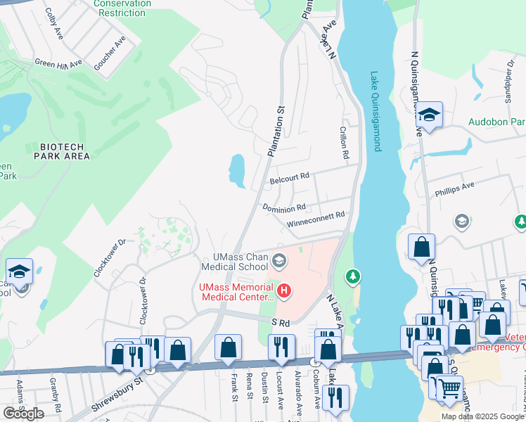 map of restaurants, bars, coffee shops, grocery stores, and more near 6 Mohican Road in Worcester