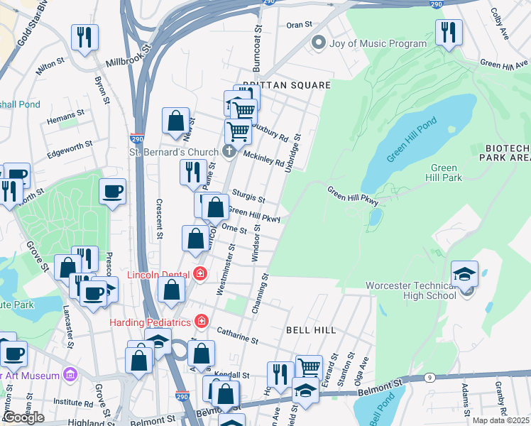 map of restaurants, bars, coffee shops, grocery stores, and more near 98 Green Hill Parkway in Worcester
