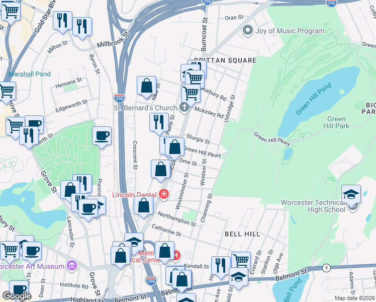 map of restaurants, bars, coffee shops, grocery stores, and more near in Worcester