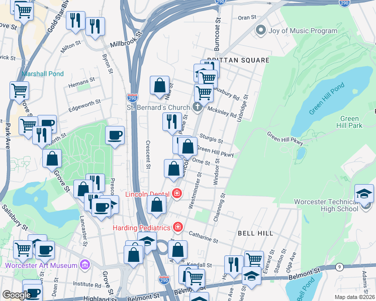 map of restaurants, bars, coffee shops, grocery stores, and more near 178 Lincoln Street in Worcester