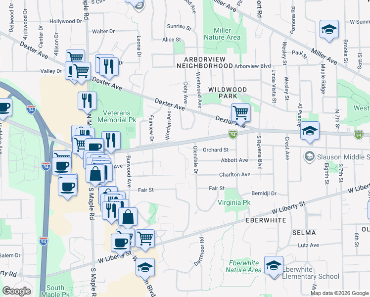 map of restaurants, bars, coffee shops, grocery stores, and more near 1910 Old Orchard Court in Ann Arbor