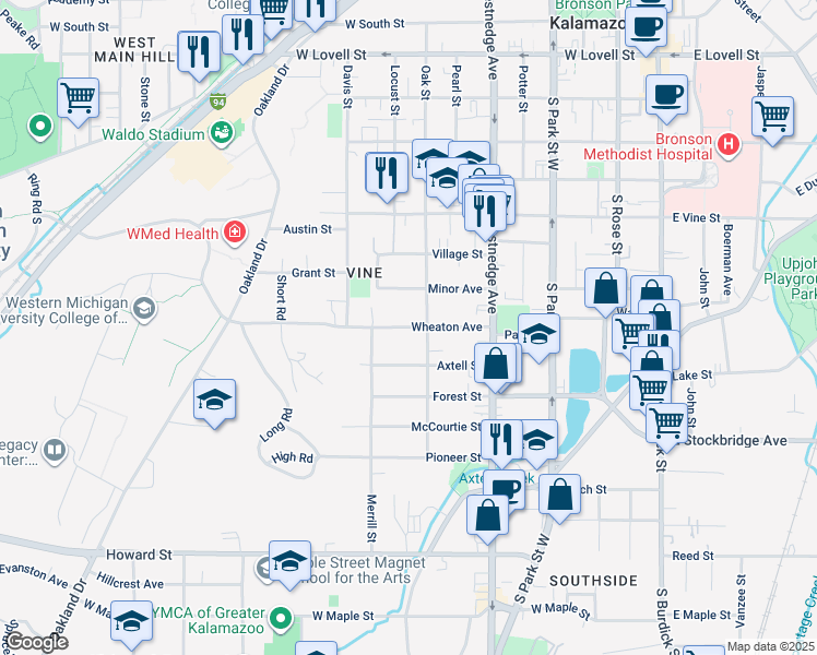 map of restaurants, bars, coffee shops, grocery stores, and more near 719 Wheaton Avenue in Kalamazoo