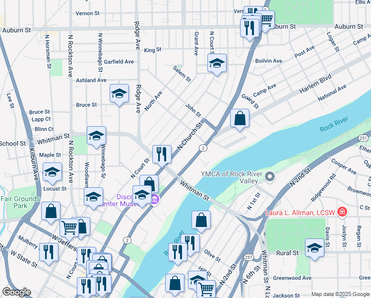 map of restaurants, bars, coffee shops, grocery stores, and more near 948 North Main Street in Rockford