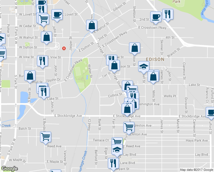 map of restaurants, bars, coffee shops, grocery stores, and more near 656 Lake Street in Kalamazoo