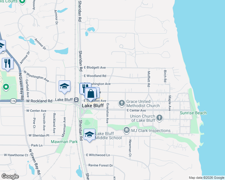 map of restaurants, bars, coffee shops, grocery stores, and more near 210 East North Avenue in Lake Bluff