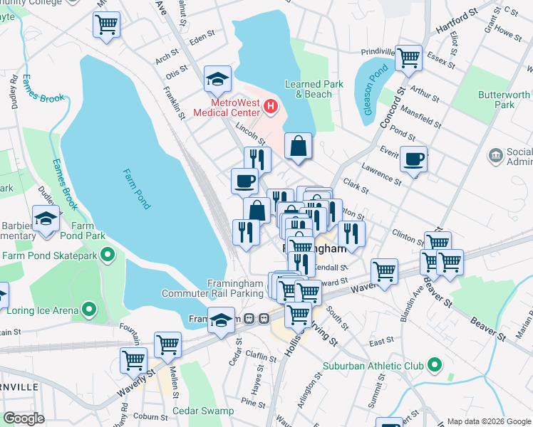 map of restaurants, bars, coffee shops, grocery stores, and more near 115 Franklin Street in Framingham