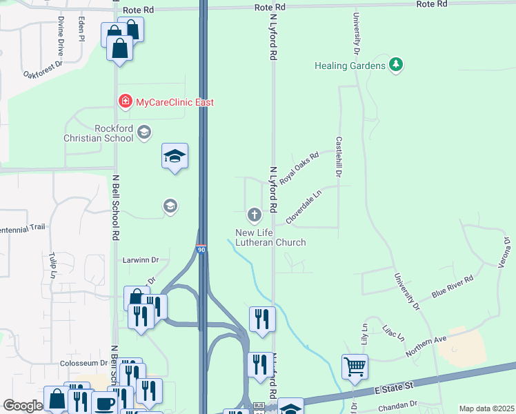 map of restaurants, bars, coffee shops, grocery stores, and more near 1102 Shingle Oak Lane in Rockford