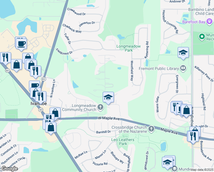 map of restaurants, bars, coffee shops, grocery stores, and more near 20334 West Landau Lane in Mundelein