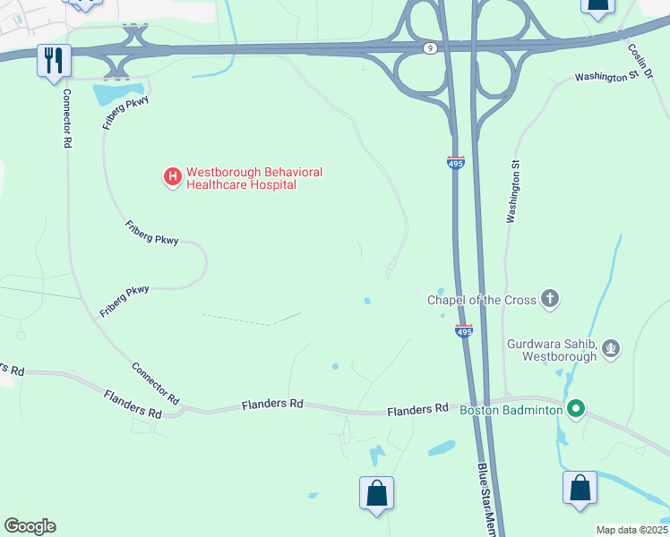 map of restaurants, bars, coffee shops, grocery stores, and more near 1900 West Park Drive in Westborough
