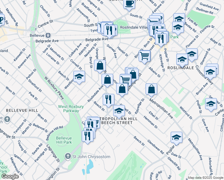 map of restaurants, bars, coffee shops, grocery stores, and more near 27 Wellsmere Road in Boston