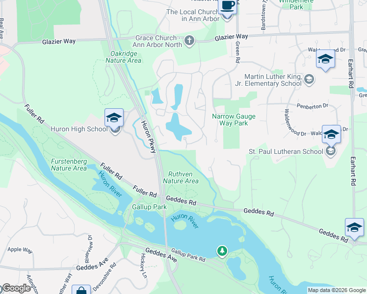 map of restaurants, bars, coffee shops, grocery stores, and more near 601 Watersedge Drive in Ann Arbor