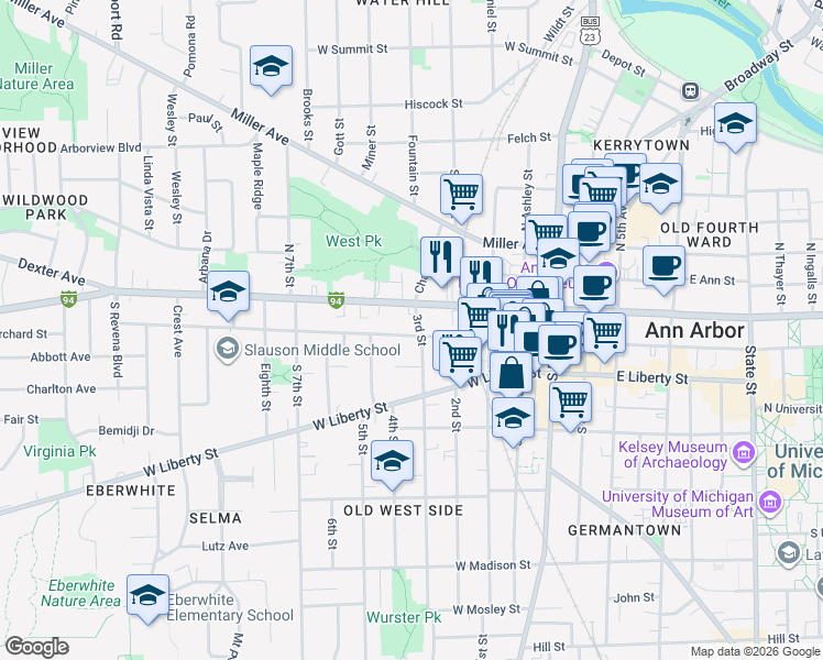 map of restaurants, bars, coffee shops, grocery stores, and more near 506 West Washington Street in Ann Arbor