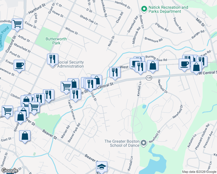 map of restaurants, bars, coffee shops, grocery stores, and more near 308 West Central Street in Natick