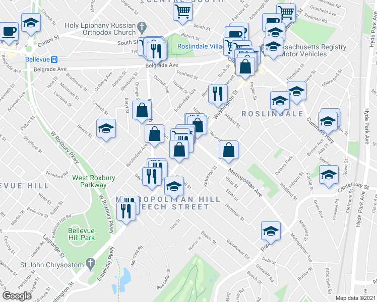 map of restaurants, bars, coffee shops, grocery stores, and more near Washington St & Denton Terrace in Boston