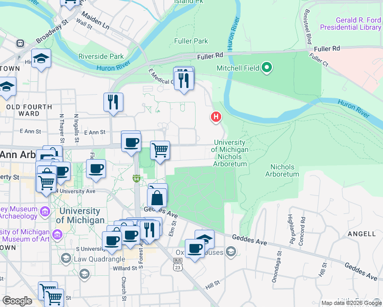 map of restaurants, bars, coffee shops, grocery stores, and more near 1503 Washington Heights in Ann Arbor