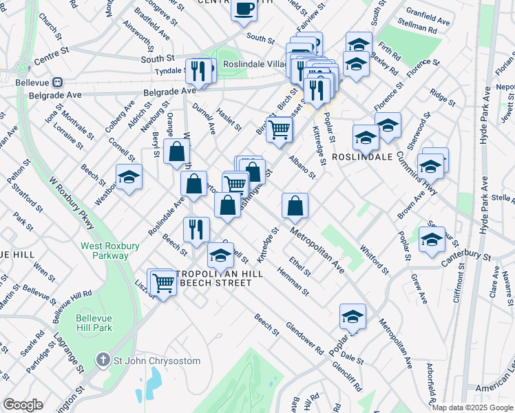 map of restaurants, bars, coffee shops, grocery stores, and more near 51 Metropolitan Avenue in Boston