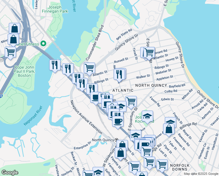 map of restaurants, bars, coffee shops, grocery stores, and more near 102 Sagamore Street in Quincy