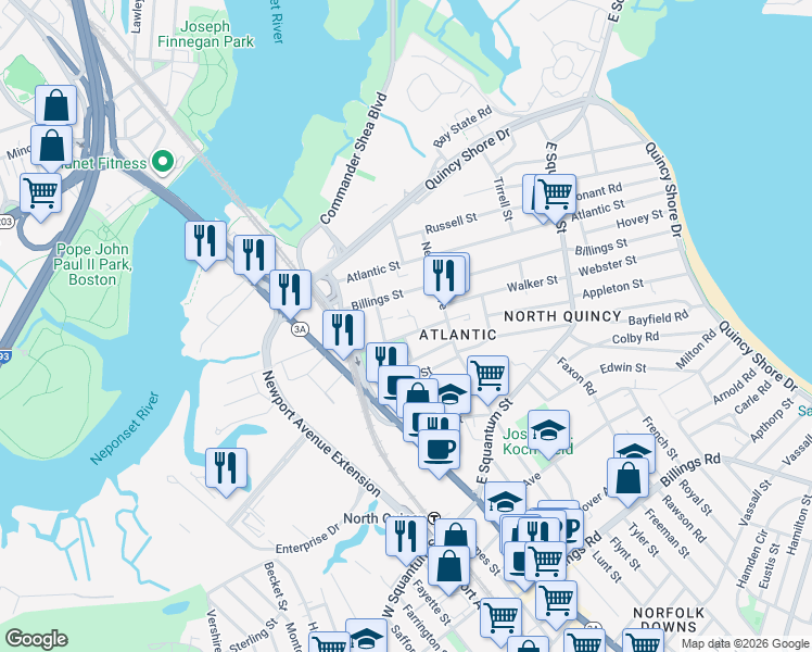 map of restaurants, bars, coffee shops, grocery stores, and more near 102 Sagamore Street in Quincy