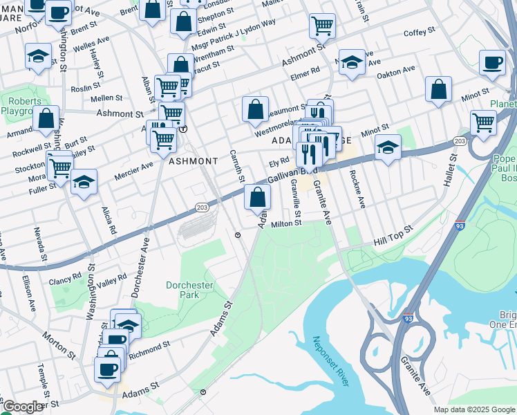 map of restaurants, bars, coffee shops, grocery stores, and more near 921-923 Adams Street in Boston