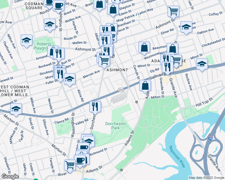 map of restaurants, bars, coffee shops, grocery stores, and more near 341-345 Gallivan Boulevard in Boston