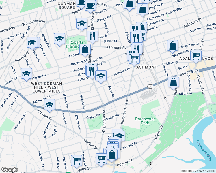 map of restaurants, bars, coffee shops, grocery stores, and more near 28 Alicia Road in Boston