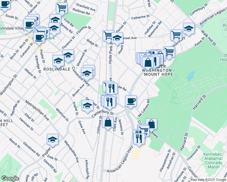 map of restaurants, bars, coffee shops, grocery stores, and more near 22 Harding Road in Boston