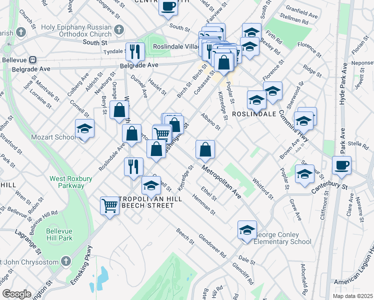 map of restaurants, bars, coffee shops, grocery stores, and more near 16 Denton Terrace in Boston