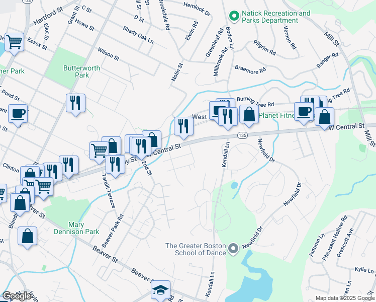 map of restaurants, bars, coffee shops, grocery stores, and more near 7 Linwood Road in Natick