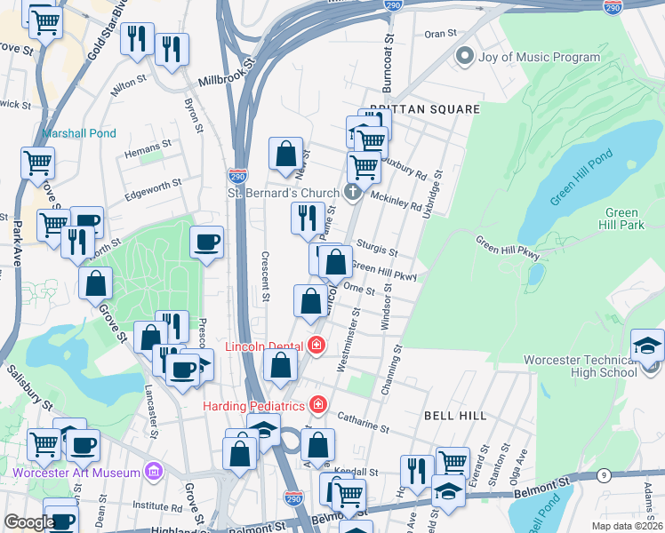 map of restaurants, bars, coffee shops, grocery stores, and more near 177 Lincoln Street in Worcester
