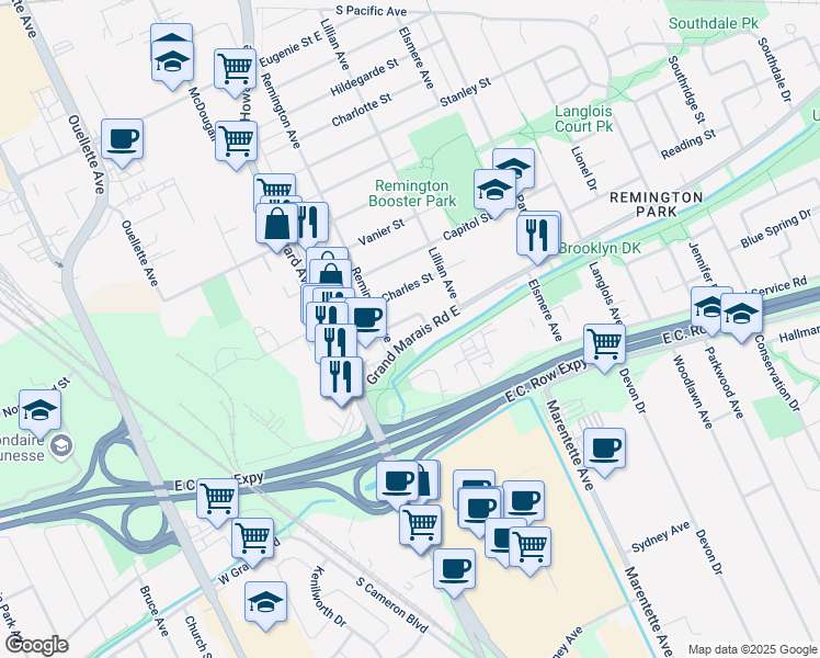 map of restaurants, bars, coffee shops, grocery stores, and more near 610 Grand Marais Road East in Windsor