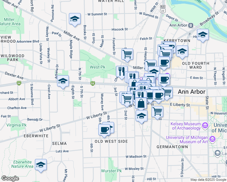 map of restaurants, bars, coffee shops, grocery stores, and more near 202 3rd Street in Ann Arbor