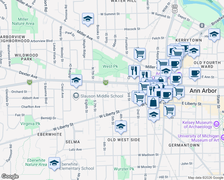 map of restaurants, bars, coffee shops, grocery stores, and more near 609 West Washington Street in Ann Arbor