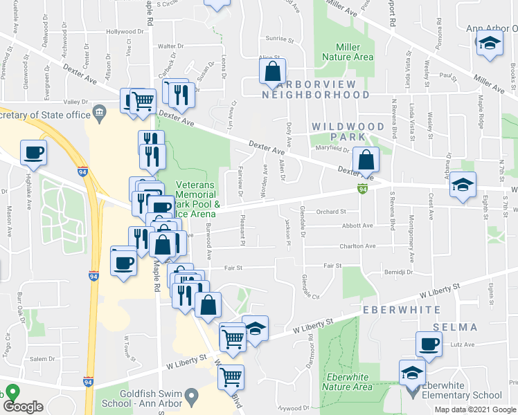 map of restaurants, bars, coffee shops, grocery stores, and more near 2041 Jackson Avenue in Ann Arbor