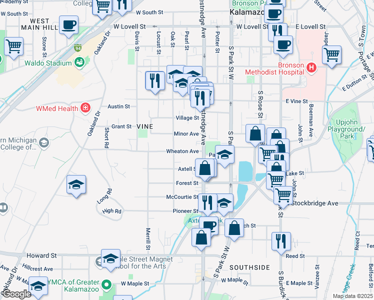 map of restaurants, bars, coffee shops, grocery stores, and more near 617 Wheaton Avenue in Kalamazoo