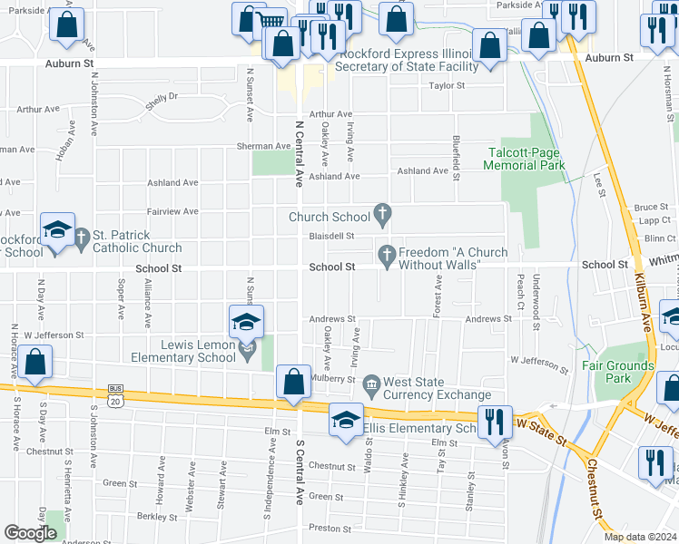 map of restaurants, bars, coffee shops, grocery stores, and more near 437 Irving Avenue in Rockford