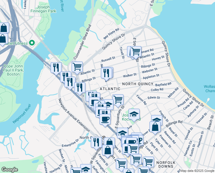 map of restaurants, bars, coffee shops, grocery stores, and more near 74 Young Street in Quincy