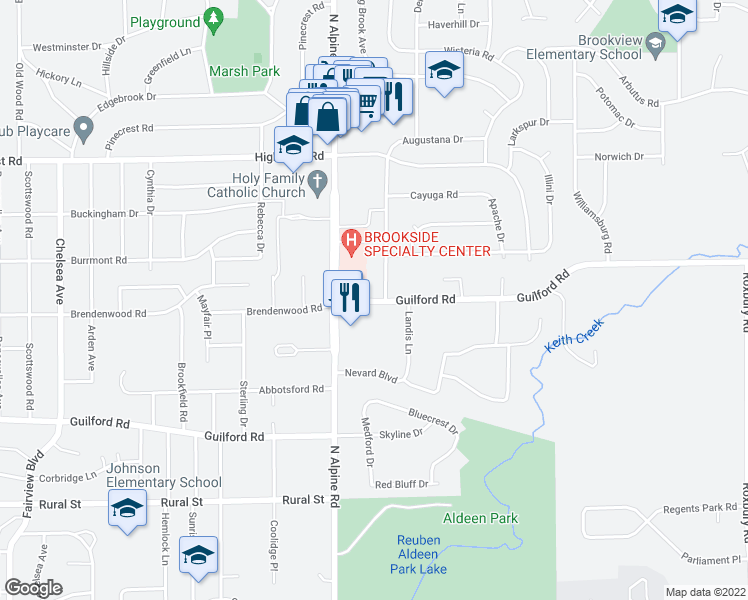 map of restaurants, bars, coffee shops, grocery stores, and more near 4541 Guilford Road in Rockford