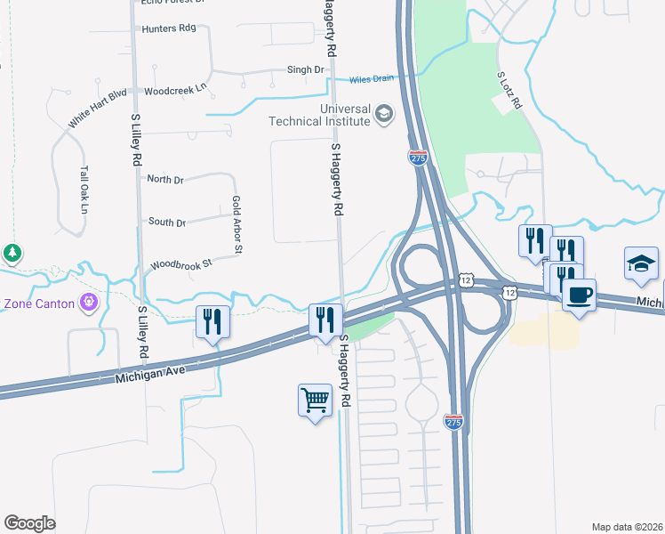 map of restaurants, bars, coffee shops, grocery stores, and more near 3524 South Haggerty Road in Canton