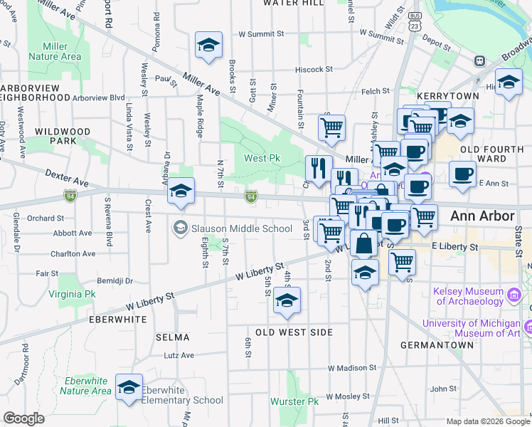 map of restaurants, bars, coffee shops, grocery stores, and more near 609 West Washington Street in Ann Arbor