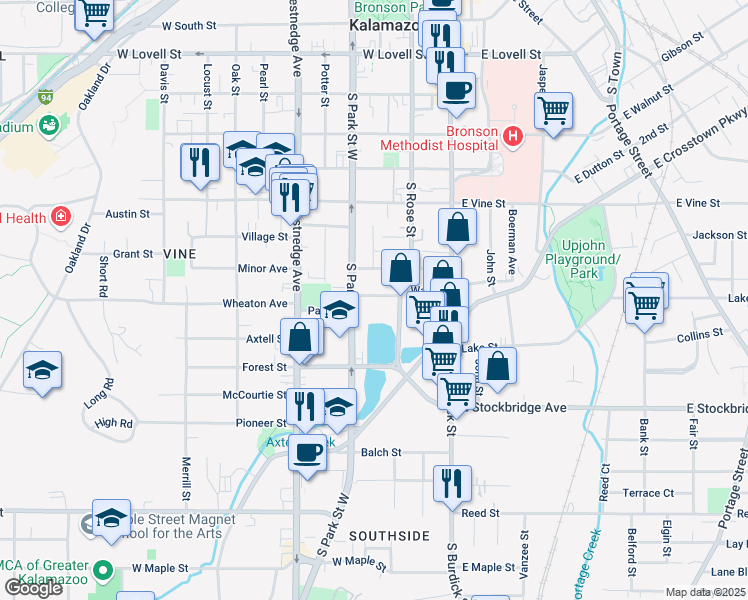map of restaurants, bars, coffee shops, grocery stores, and more near 1119 South Park Street in Kalamazoo