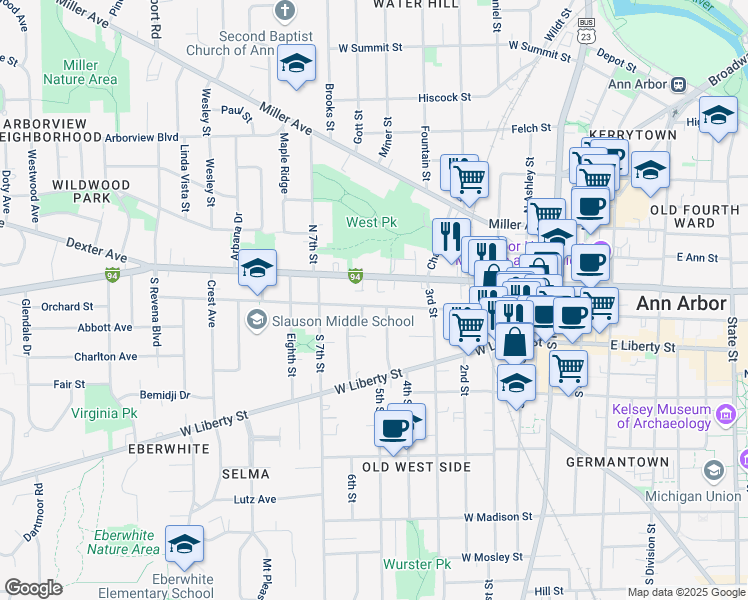 map of restaurants, bars, coffee shops, grocery stores, and more near 720 West Washington Street in Ann Arbor