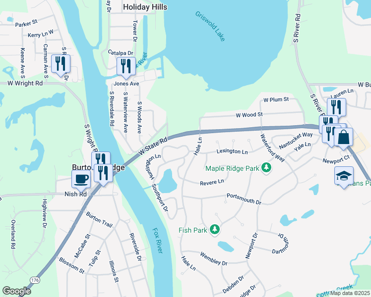 map of restaurants, bars, coffee shops, grocery stores, and more near 3307 Southport Drive in Island Lake