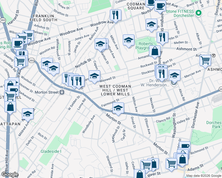 map of restaurants, bars, coffee shops, grocery stores, and more near 100 Capen Street in Boston