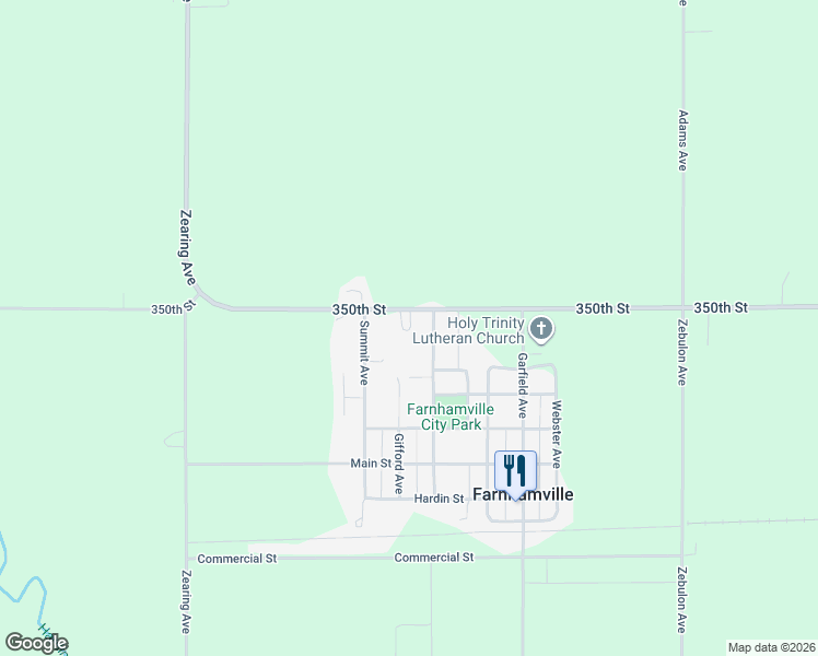 map of restaurants, bars, coffee shops, grocery stores, and more near 450 350th Street in Farnhamville
