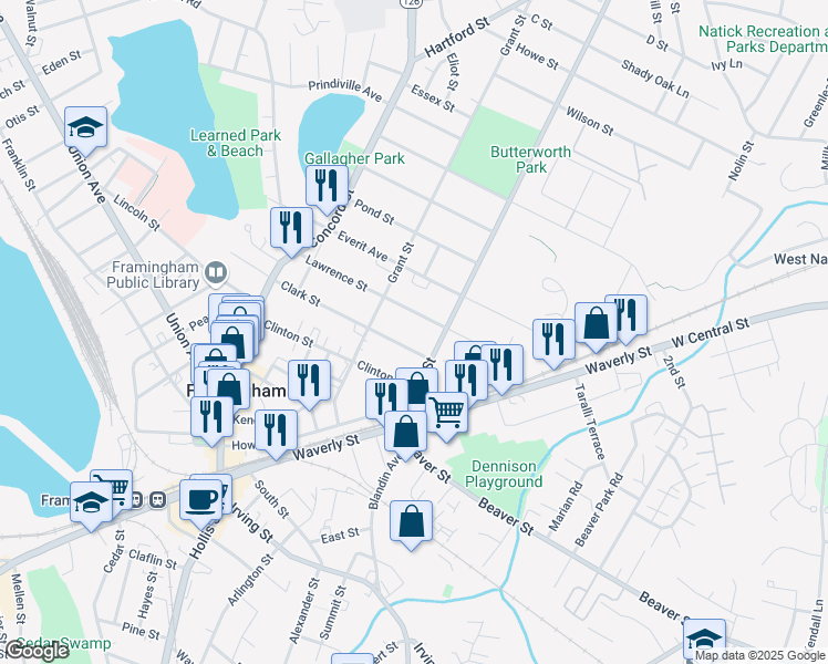 map of restaurants, bars, coffee shops, grocery stores, and more near 138 Clark Street in Framingham