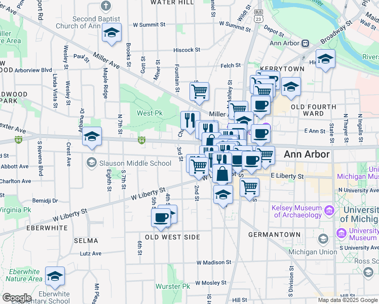 map of restaurants, bars, coffee shops, grocery stores, and more near 400 West Washington Street in Ann Arbor