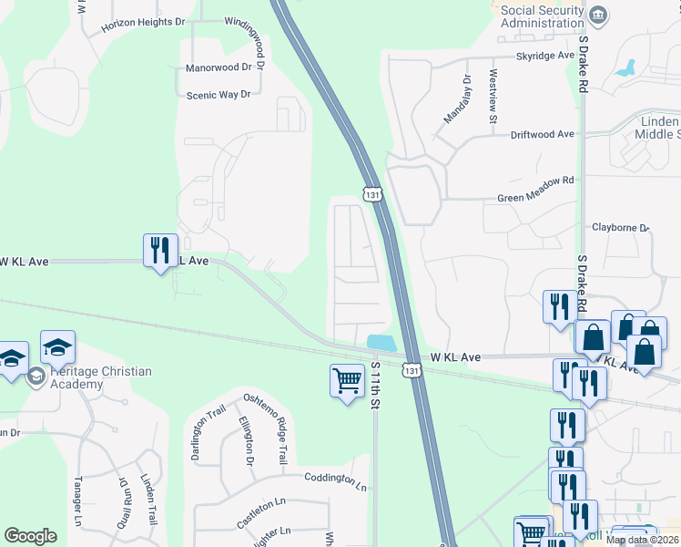 map of restaurants, bars, coffee shops, grocery stores, and more near 5400-5520 Redcoat Lane in Kalamazoo