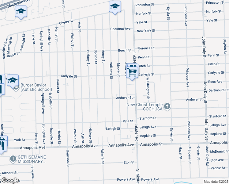 map of restaurants, bars, coffee shops, grocery stores, and more near 3940 Williams Street in Inkster
