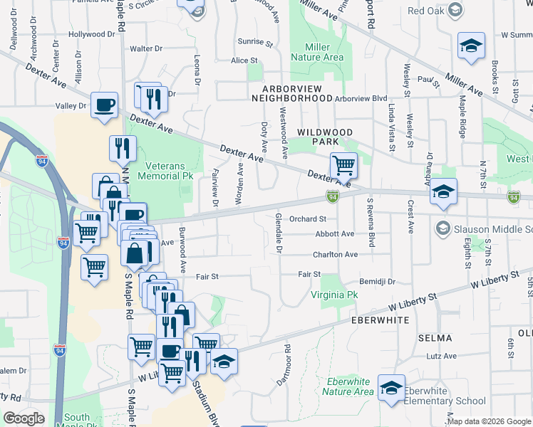 map of restaurants, bars, coffee shops, grocery stores, and more near 1910 Old Orchard Court in Ann Arbor