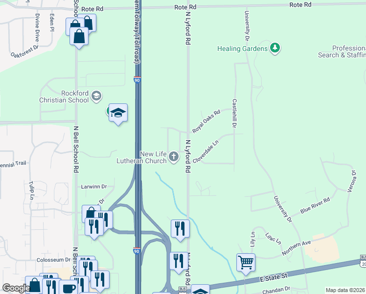 map of restaurants, bars, coffee shops, grocery stores, and more near 1105 Shingle Oak Lane in Rockford